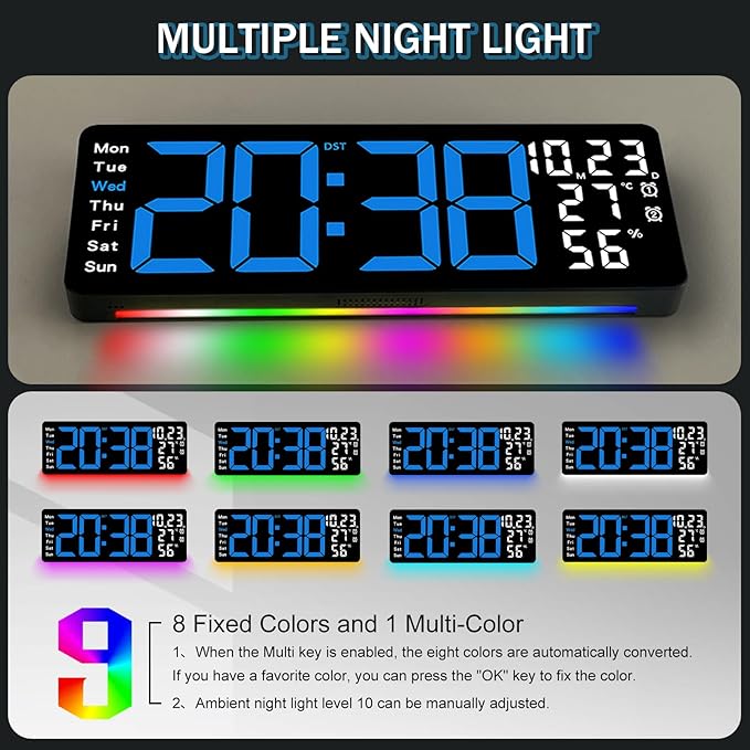 JoFomp 17.3" Large Digital Wall Clock, LED Digital Clock Large Display with Remote Control, Alarm Clock with Temp/DST/Dimmer/Humidity/Timer/Ambient Light - 12/24H, Alarm Wall Clock for Bedroom - Image 3
