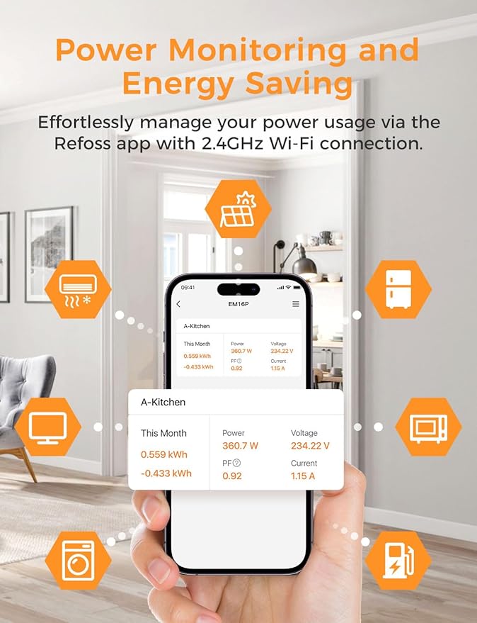 Refoss Smart Home Energy Monitor Real-Time Electricity Usage Monitor with 16x60A Circuit Sensor, Energy Meter, Local Data Storage with Open API & Web UI, Home Assistant, Solar Metering, ETL Certified - Image 3