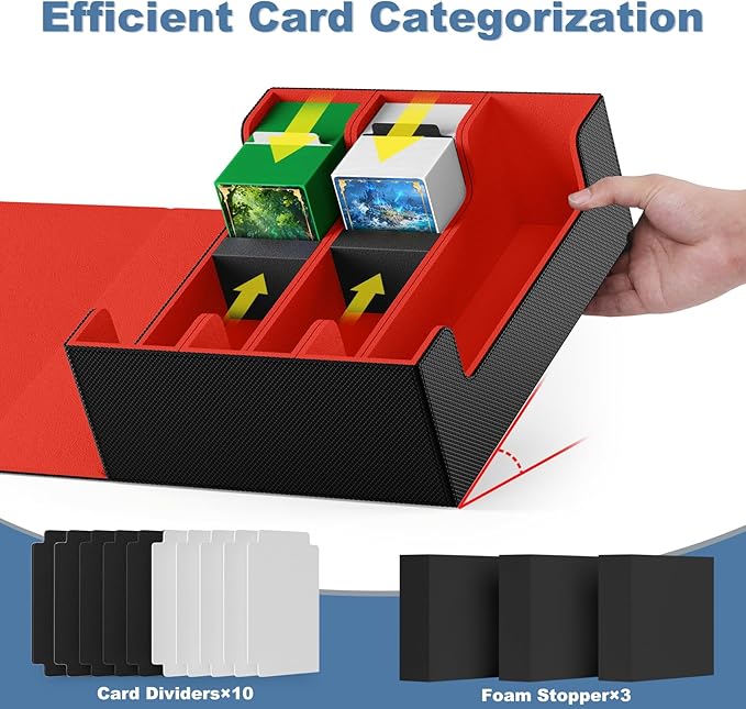 Mlikero Card Deck Case, 1800+ Trading Card Storage Box with 10 Dividers and 3 Foam Stoppers, Leather Magnetic Closure Commander Deck Box Fit for YuGiOh, MTG and Sport Cards(Black&Red) - Image 3