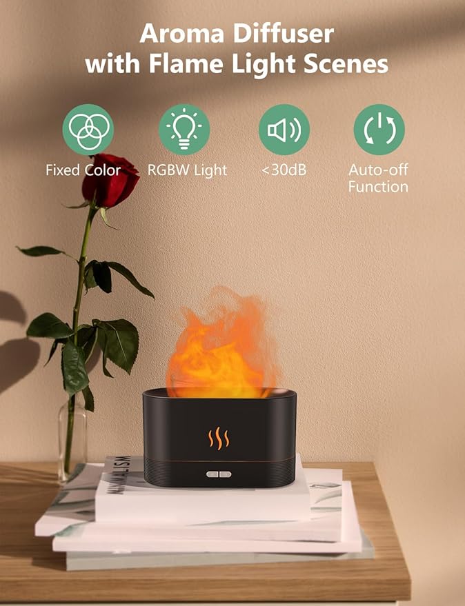 Essential Oil Diffuser, Air Humidifier with Flame Led Light - 7 Colors, 180mL Capacity (8 Hours), Noiseless Operation, Auto-Off Protection - Perfect for Home Bedroom Office Gifts(Black) - Image 2