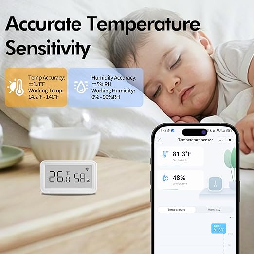 eMylo Smart WiFi Thermometer Hygrometer, Indoor Wireless Temperature Humidity Sensor with Electronic Display, App Notification Alert, Free Data Storage Export, Digital Remote Monitor for Home Room (1) - Image 2