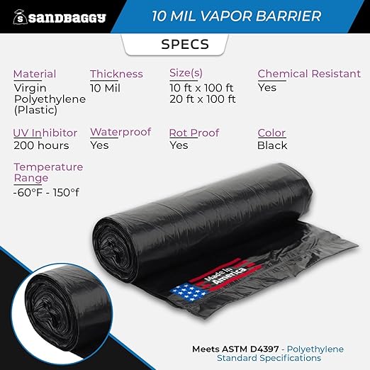 Sandbaggy 20 ft x 100 ft Vapor Barrier 10 Mil | Polyethylene | Black Plastic Sheeting Rolls | Moisture Barrier for Crawl Spaces, Concrete and Laminate Underlayment, Walls (8 Rolls) - Image 2