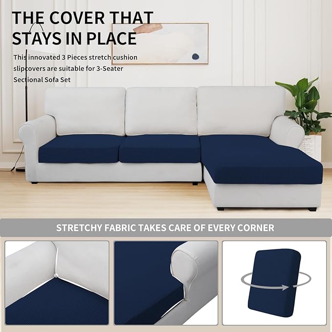 Easy-Going Stretch 3 Pieces Couch Cushion Covers for Sectional Sofa Left/Right L Shape Chaise Lounge Sofa Seat slipcover Anti-Slip Sofa Cover Soft (2 Seater + 1 Chaise, Navy) - Image 5