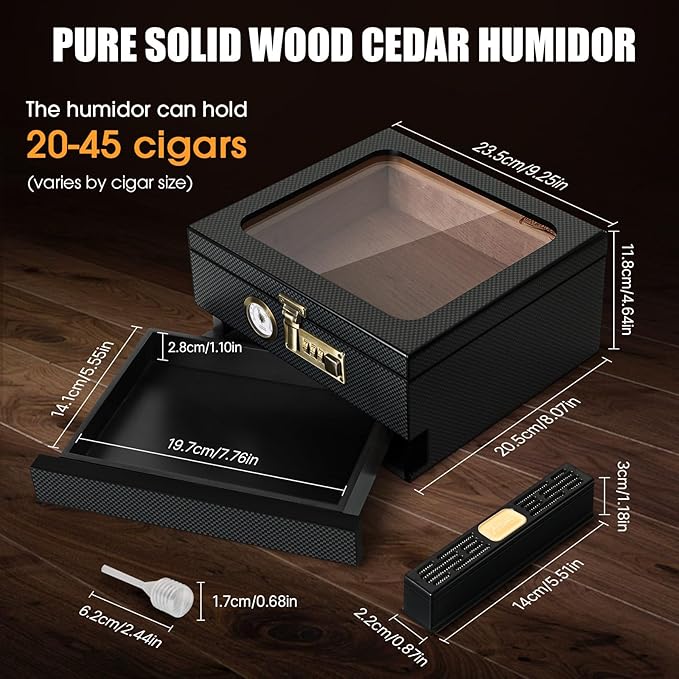 Cigar Humidor, Cedar Wood Humidor Cigar Box, Glass Top Desktop Humidor with Front Hygrometer, Humidifier, Divider, Accessories Drawer and Combination Lock, Cigar Gifts for Men (Carbon Black) - Image 4