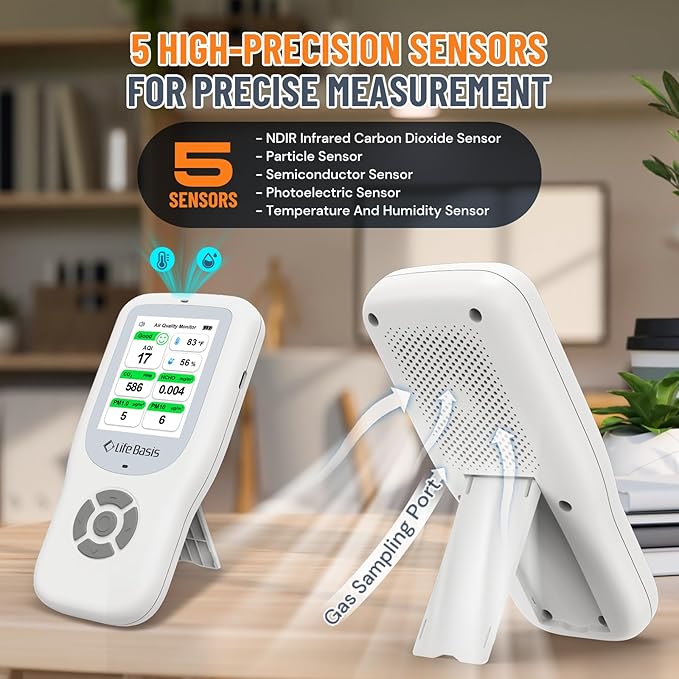 LifeBasis Air Quality Monitor Indoor, 10-in-1 Air Quality Detector with Stand, Real-Time Air Meter Test AQI, PM1.0, PM2.5, PM10, CO2, TVOC, HCHO, Particles, Temperature and Humidity with Alert -White - Image 4
