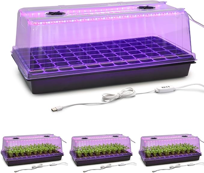 1020 Trays with Grow Light and 6.3" Humidity Dome - 4 Pack Heavy Duty Seed Trays with 72 Cell Plug Trays, Germination Kit with Timer and Dimmable LED - Reusable Plant Propagation Box for Gardening by RooTrimmer