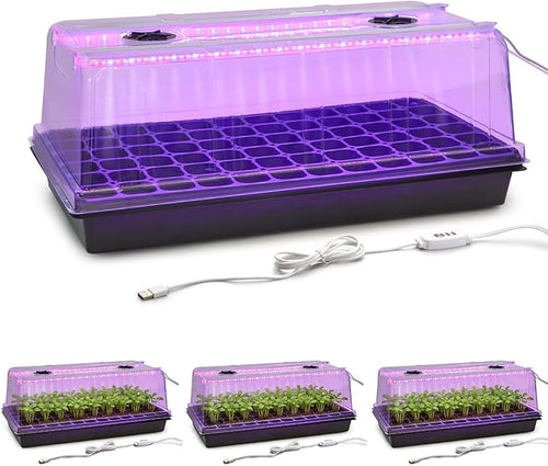1020 Trays with Grow Light and 6.3" Humidity Dome - 4 Pack Heavy Duty Seed Trays with 72 Cell Plug Trays, Germination Kit with Timer and Dimmable LED - Reusable Plant Propagation Box for Gardening by RooTrimmer