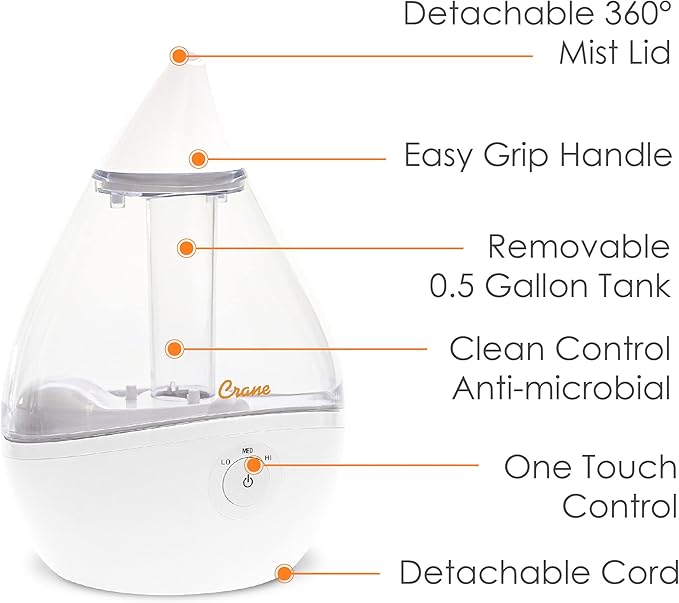 Crane Ultrasonic Teardrop Humidifier for Baby, Cool Mist, Auto Shut off, Adjustable Humidity, for Nursery, Bedroom, Clear and White, 0.5 Gallon - Image 3