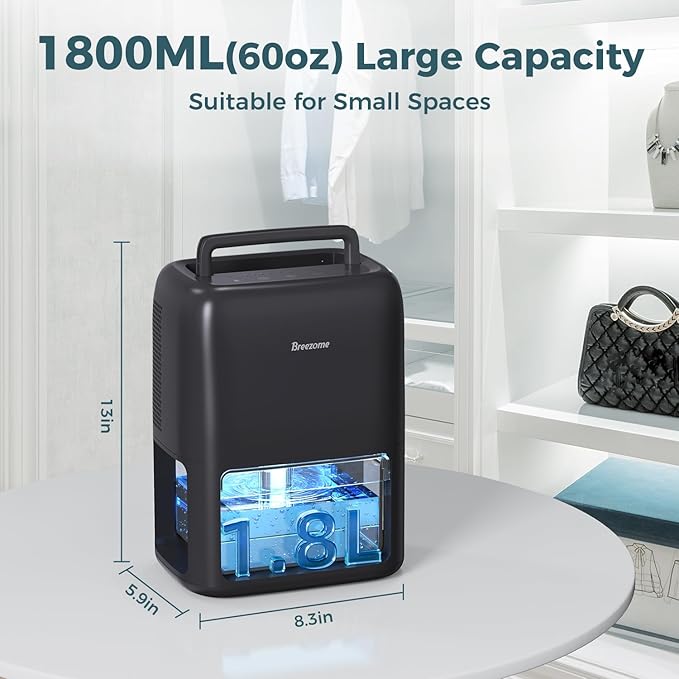 60 OZ Dehumidifiers for Home, Dual-Semiconductor Quiet Dehumidifier with Timer Auto-Off Sleep Mode 7 Colors Light Portable Small Dehumidifiers for Bathroom, Cloakroom, RV, Black - Image 5