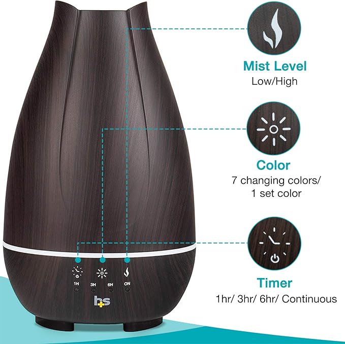 HealthSmart Essential Oil Diffuser, Cool Mist Humidifier and Aromatherapy Diffuser with 500ML Tank Ideal for Large Rooms, Adjustable Timer, Mist Mode and 7 LED Light Colors, Brown - Image 5