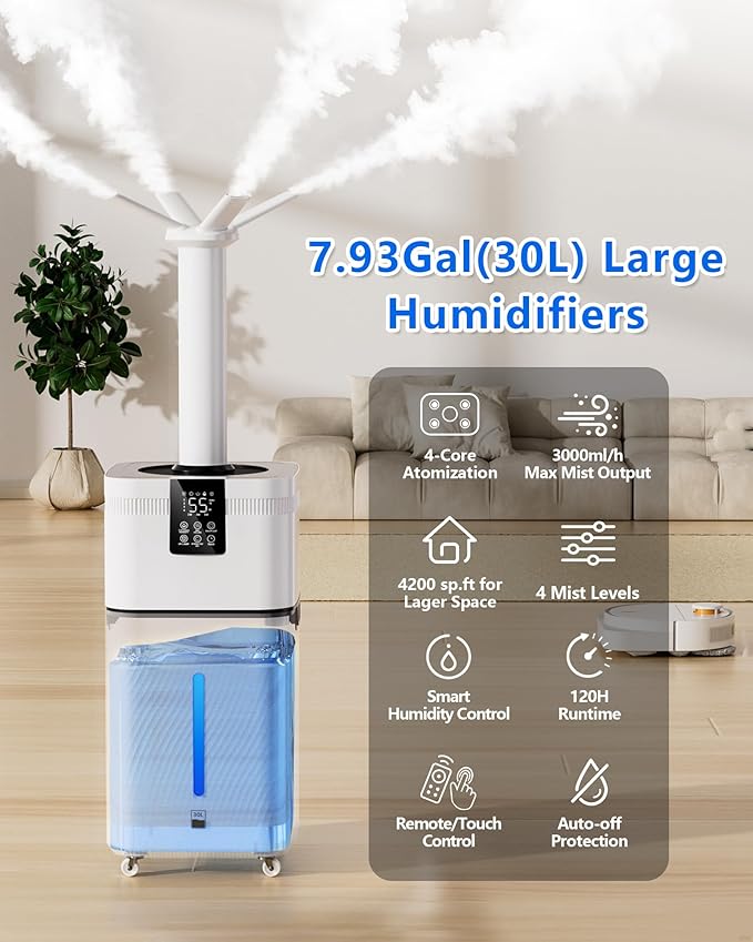 30L/7.93Gal Commercial humidifier Large Room 4200 sq.ft, Whole House Humidifiers 3000ml/H Mist Output, Cool Mist Industrial Humidifiers for Home, Plants, Office, Warehouse, Greenhouse - Image 3