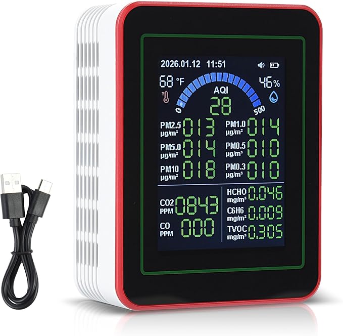 18-in-1 Smart Air Quality Monitor,Air Quality Detector Real-Time for AQI, CO2, PM2.5, PM1.0, PM10, TVOC, HCHO, Time Display, MT32 Model，Comes with USB to Type-C Charging Cable（White） by ELUTENG
