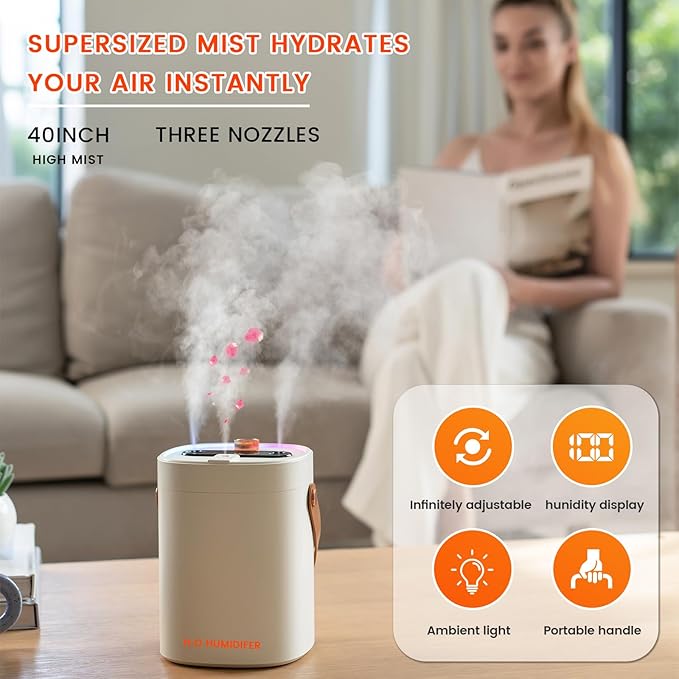 2L Humidifier for Bedroom,Portable Cool Mist Humidifiers,Ultra Quiet 20dB,Top Fill Air Humidifier for Home,Office,Plants，Adjustable Humidity,Night Light,BPA-Free,Khaki - Image 2