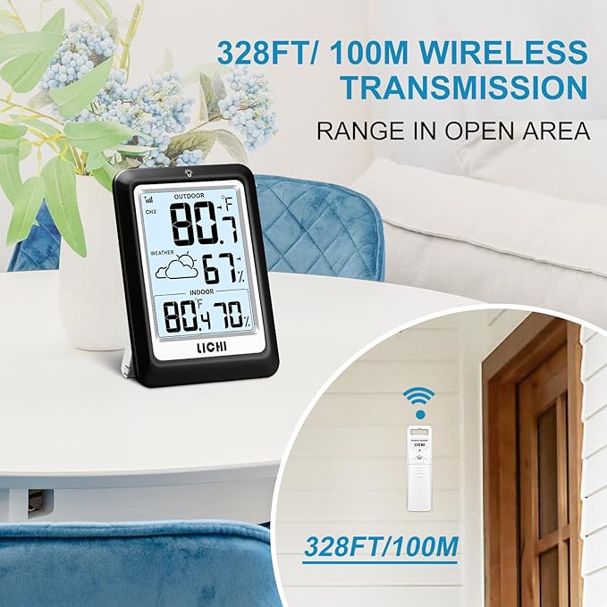 Indoor Outdoor Thermometer Wireless Weather Station, Internal External Thermometer Hygrometer, Home Batteryoperated Temperature Humiditymonitors330 Feet (About 100 Meters) Backlight Display (Black) - Image 4