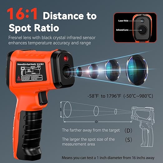 Laser Thermometer -58°F to 1796°F, Dual-Mode Infrared Thermometer Temperature Gun with K-Type Thermocouple, IR Thermometer Gun for Reptiles, Cooking, Griddle, Oven, 16:1 Home Handheld Temp Guns - Image 2