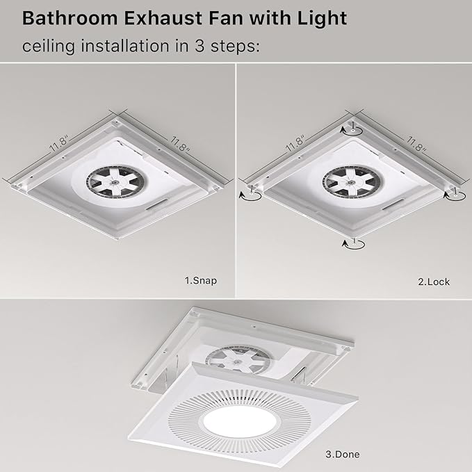 Bathroom Exhaust Fan with Light: 165CFM Shower Bathroom Vent Fan with 11.8IN 15w Led Light Combo Quiet 1.2 Sones Bath Ceiling vent with Adjustable Led Light 3000k/4000k/6500k For Home Bath - Image 8