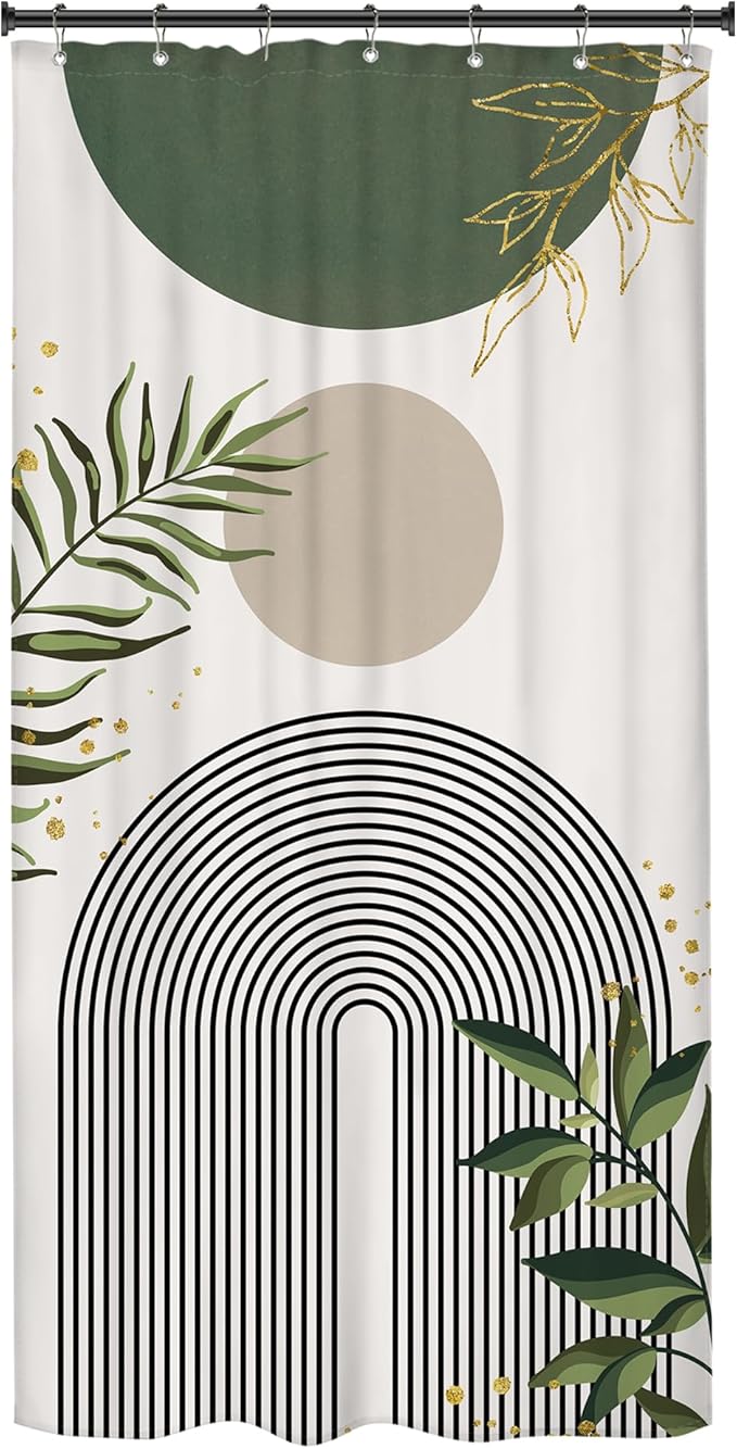 Small Stall RV Shower Curtain 36Wx72H Half Single Green Modern Boho Mid Century Abstract Gold Leave Grey Plant Bathroom Decor Minimalist Arch Aesthetic Bath Curtain Polyester 7 Pack Hooks - Image 6