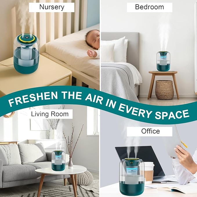 Humidifier with Double Nozzle, 2.2L Humidifiers for Bedroom, 26dB Quiet Dual Spray Cold Mist Humidifier for Plants, Office, and Home Baby Nursery, 3 Gear and Night Light, Easy to Fill & Clean - Image 5