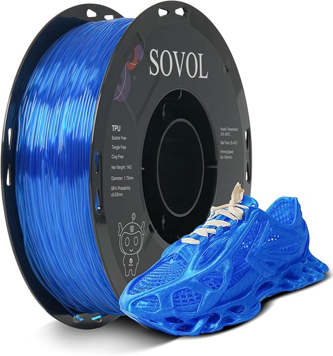 Sovol TPU Filament 1.75mm, 95A Soft TPU Flexible 3D Printer Filament with High Elasticity, 1kg (2.2lbs), Dimensional Accuracy +/- 0.03 mm, Fit Most FDM Printer, Clear Blue by Sovol