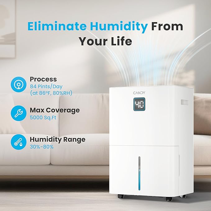 Candy 98 Pints Dehumidifier for Spaces up to 5000 Sq. Ft, Dehumidifier for Home, Basements and Large Rooms with Drain Hose and 1.45 Gallons Water Tank - Image 2