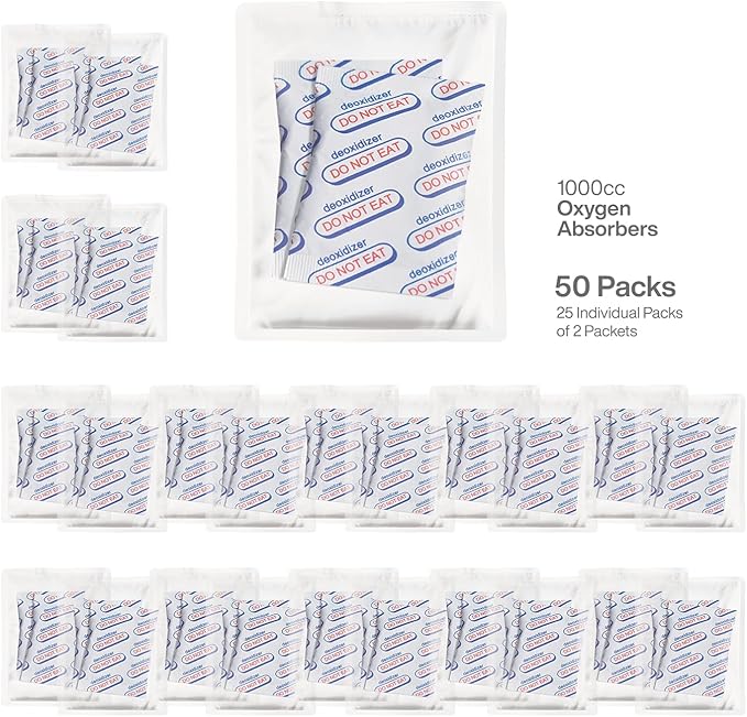 1000cc (25 Bags of 2 Packets, Total 50 Packets) Oxygen Absorbers for Food Storage, Food Grade Oxygen Absorbers Packets with Oxygen Indicator for Long Term Storage and Preservation(1000CC(50-Pack)) - Image 2