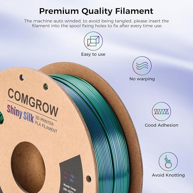 Comgrow Tri-Colors Silk PLA 3D Printer Filament, Rainbow PLA Filament 1.75mm, Dimensional Accuracy +/- 0.02 mm, 1KG Spool, Coextrusion 3D Filament with Shiny Silk Copper-Green-Purple - Image 3