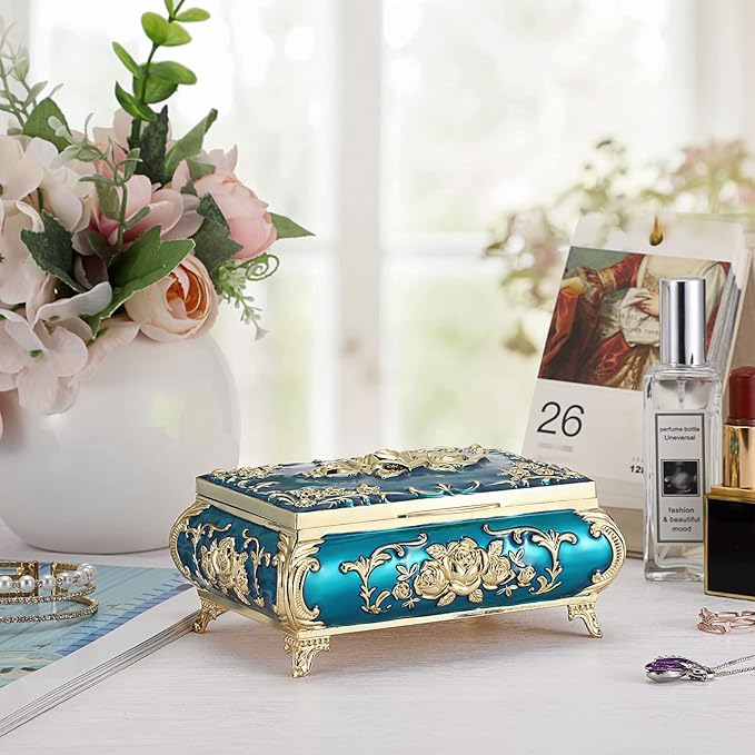 Hipiwe Metal Decorative Jewelry Box Vintage Treasure Chest Case Ornate Trinket Organizer Earrings Necklace Bracelet Storage Box Ring Holder Keepsake Box for Women - Image 4