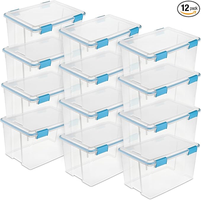 Sterilite 12-Pack Gasket Box, Weather-Resistant Storage Bins with Latching Lids, 54 Quart - Heavy-Duty Organizing Containers for Closet, Bathroom, and Office by Sterilite
