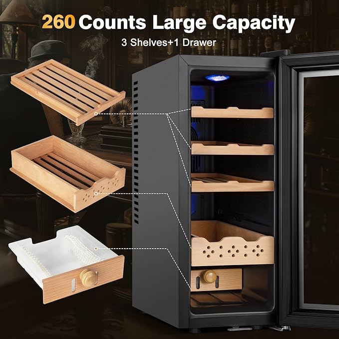 Electric Cooler Cabinet 35L with Temperature and Humidity Control, Spanish Cedar Wood Shelves and Safety Lock (300 Counts Capacity), Gift for Men - Image 6