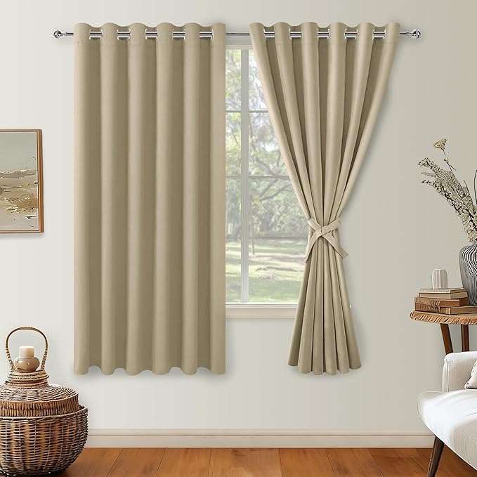 Hiasan Grommet Blackout Curtains for Bedroom, 70 x 63 Inches - Thermal Insulated & Light Blocking Window Drapes for Living Room/Dorm Room, Set of 2 Panels Sewn with Tiebacks, Taupe by Hiasan