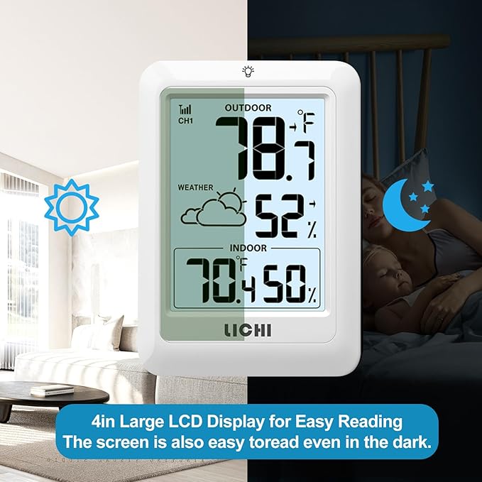 Indoor Outdoor Thermometer Wireless Weather Station, Internal External Thermometer Hygrometer, Home Batteryoperated Temperature Humiditymonitors330 Feet (About 100 Meters) Backlight Display (White) - Image 6
