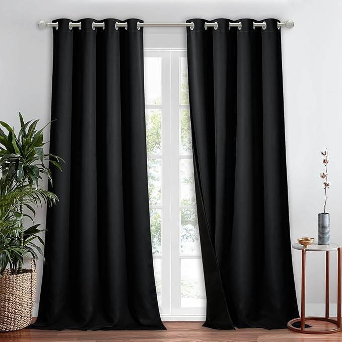 NICETOWN Heat Blocking 100% Blackout Curtains, Black, 52 inches x 90 inches, 1 Panel, Durable Black Lined Blackout Curtain for Bedroom, Energy Saving Long Curtain for Patio Sliding Glass Door by NICETOWN