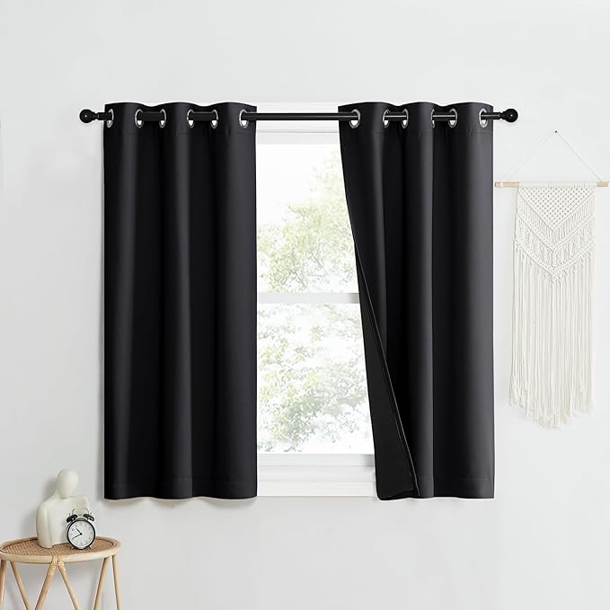 NICETOWN Complete 100% Blackout Curtain Set, Black, 37" W by 50" L, Double Panels, Thermal Insulated & Energy Efficiency Window Draperies with Black Liner, Noise Reducing Short Curtains for Kids Room - Image 2