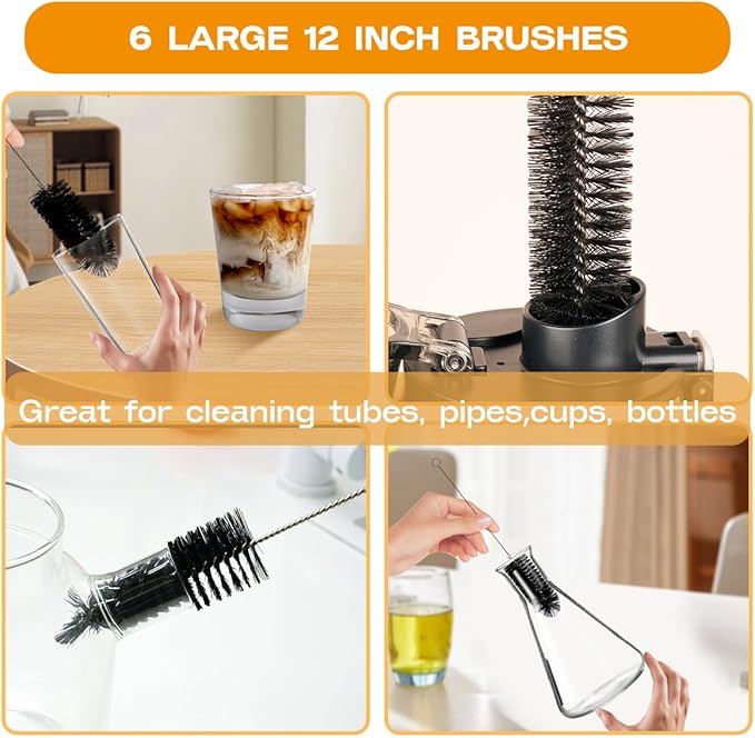 Straw Cleaner Brush Set,6 Piece 12" Long Pipe Tube Bottle Brushes for Cleaning Narrow Neck Bottles,Coffee Maker,Glass Cups - Image 3
