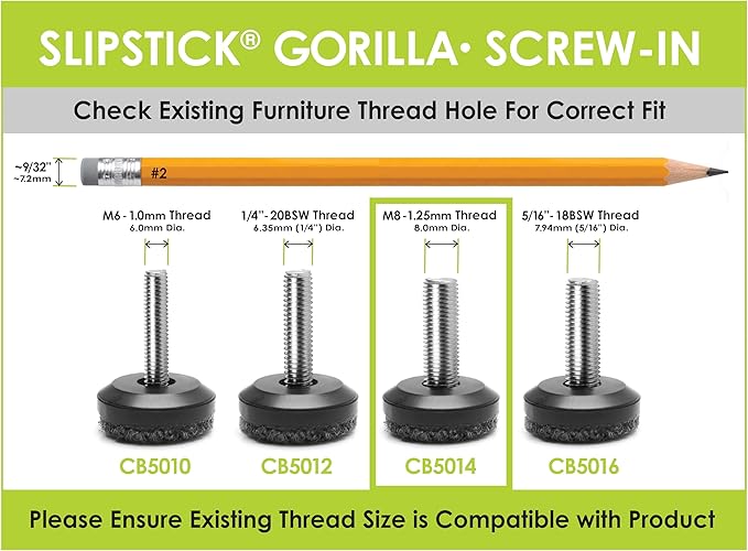 Slipstick Gorilla Outdoor Adjustable Furniture Levelers (8 Pack) Weatherproof Screw in Leg Glides for Chairs, Tables, and Outdoor Furniture Feet, 1-1/8 Inch Berber Glide, M8 Thread - Image 6