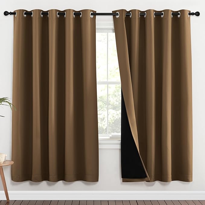 NICETOWN 100% Blackout Window Curtain Panels, Gold Brown, 2 Pieces, 70-inch Wide Per Panel, Full Light Blocking Drapes with Black Liner for Nursery, 72-inch Drop Thermal Insulated Draperies by NICETOWN