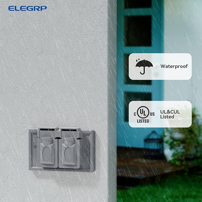 ELEGRP Horizontal Outdoor Cover for Duplex Receptacles, 2-Hole Weatherproof Wall Plate, Outdoor Electrical Outlet Cover, Standard Size 1-Gang 4.55” x 3.02”, Thermoplastic, 2 Pack, Grey - Image 3