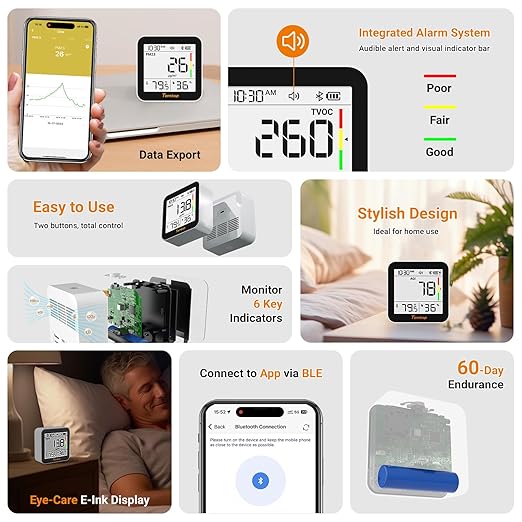 Temtop M10+ Indoor Air Quality Monitor & CO2 Meter for Home, 6-in-1 PM2.5 & VOC Detector, E-Ink Display, Battery Powered 60-Day Quiet Bedroom Air Pollution Monitor, App Temperature & Humidity Sensor - Image 2