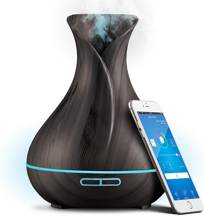 Smart WiFi Wireless Essential Oil Aromatherapy 400ml Ultrasonic Diffuser & Humidifier with Alexa & Google Home Phone App & Voice Control - LED & Timer Settings Dark Brown by PureDailyCare
