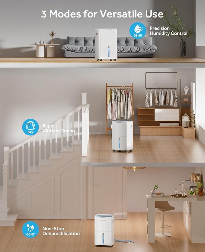Dehumidifiers for Home with Drain Hose, Smart Humidity Control, 3 Modes for Bedroom and Bathroom, Dry Clothes, 24H Timer (Off-Gray, 21 Pints) - Image 6
