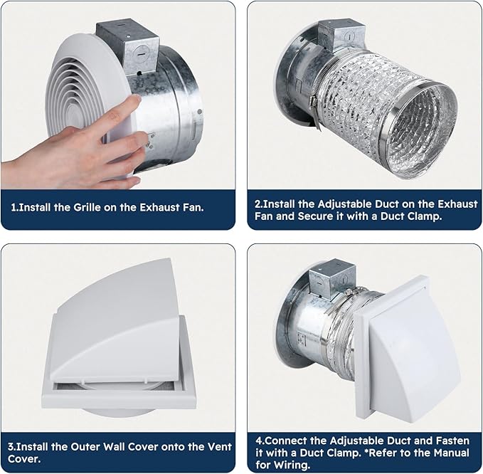 Quini 512M 6-inch Through Wall Exhaust Fan, 80 CFM 4.0 Sones, Bathroom Wall Exhaust Fan, Kitchen Ventilation Fan, 6-inch Diameter Vent, Retractable Duct - Image 5