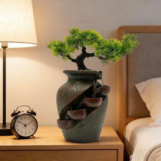 8.7inch Vase Type Artificial Bonsai Tree Fake Plant Mini Tabletop Waterfall Fountain with Water Flow, Indoor Desktop Decoration for Office Restaurant Coffee Home Decor or Festival Birthday Surprise by kunghei