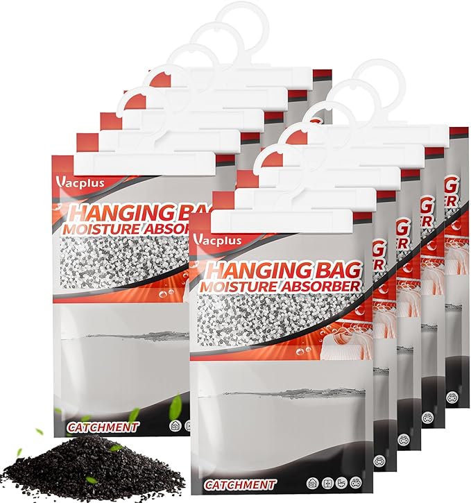 Vacplus Moisture Absorbers, Hanging Closet Dehumidifier Bags, Humidity Packs, Desiccant, Closet Dehumidifiers with Activated Charcoal, 10 Pack, 9.8 OZ by Vacplus