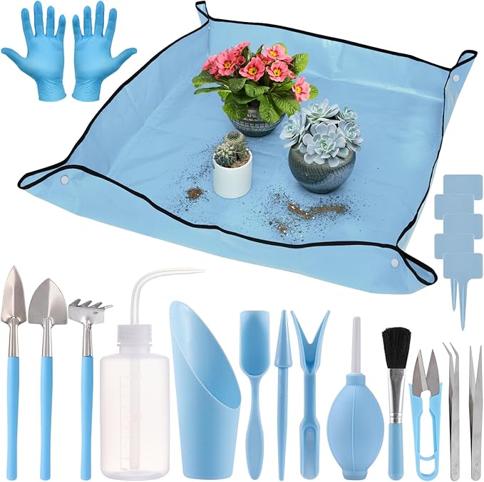 20pcs Small Gardening Tools Gifts for Women Beginners - Garden Hand Tools Set for Indoor Succulent Bonsai Plants Transplanting, Included 39.4" Plant Repotting Mat/Miniature Shovel/Labels, Blue by ANPHSIN