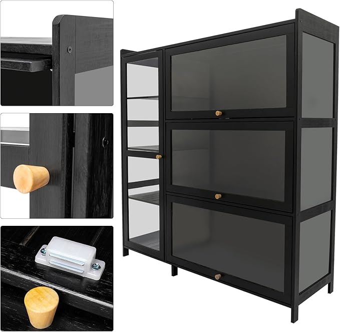Display Cabinet with Acrylic Doors, 7 Storage Spaces Storage Cabinet & Curio Cabinet with Clear Acrylic Doors, Modern Black Bamboo & Composite Wood for Collectibles, Kitchen, Living Room - Image 7