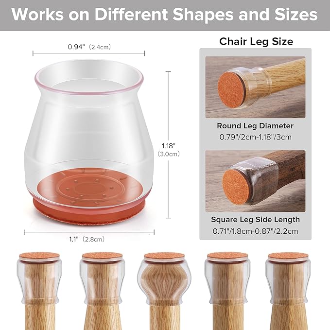 24PCS Upgraded Silicone Chair Leg Floor Protectors for Hardwood Floors, Furniture Sliders for Chair Legs, Felt Bottom Furniture Pads, Anti-Slip Round&Square Cap Covers to Scratch and Reduce Noise - Image 2