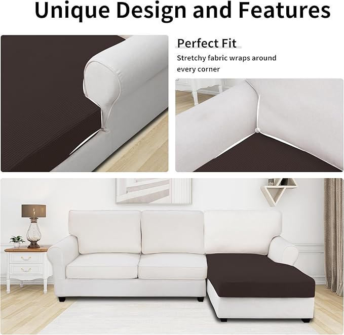 Easy-Going Stretch Sectional Couch Covers 1 Piece Chaise Lounge Slipcover L Shape Separate Cushion Couch Seat Chaise Cover for Both Left/Right Sectional Couch Chocolate - Image 3
