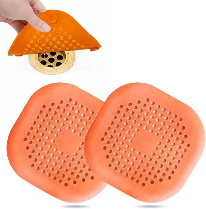 Hair Drain Catcher,Square Drain Cover for Shower Silicone Hair Stopper with Suction Cup,Easy to Install Suit for Bathroom,Bathtub,Kitchen 2 Pack (Orange) by Bovinde