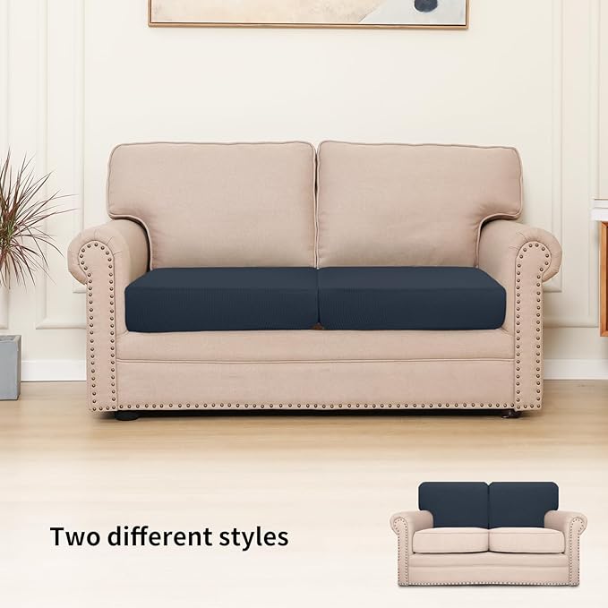 Easy-Going Stretch Individual Loveseat Couch Cushion Cover Sofa Cushion Furniture Protector Sofa slipcover Soft Flexibility with Elastic Bottom (2-Piece Loveseat Cushion Cover, Dark Blue) - Image 2