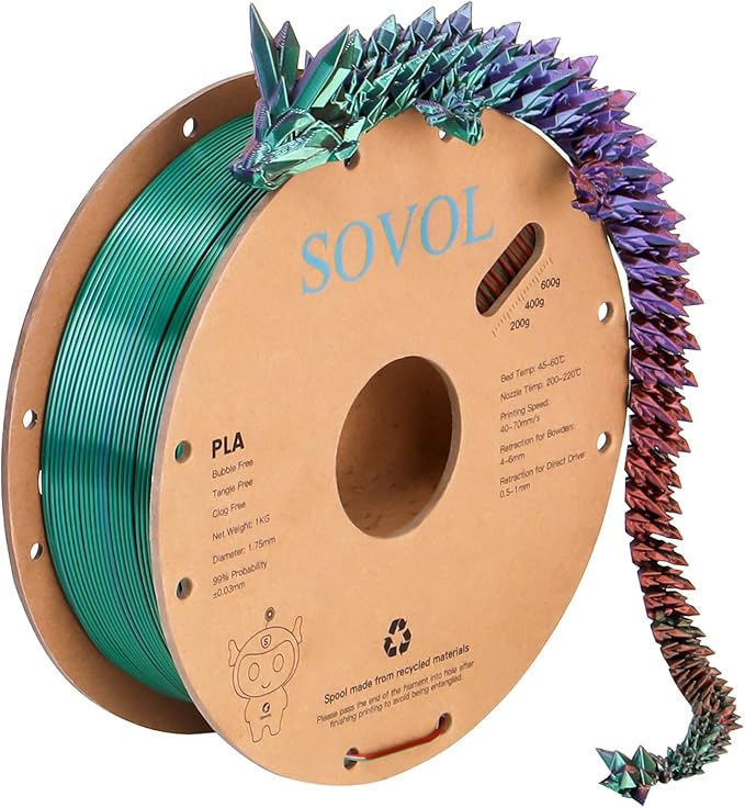 Sovol PLA Filament Silk Tri Color Co-Extrusion 1.75mm, 3D Printer Filament 1kg/ 2.2lbs, Shiny Silk Bronze Purple Green 3 in 1 Coextrusion PLA Material +/-0.03mm by Sovol